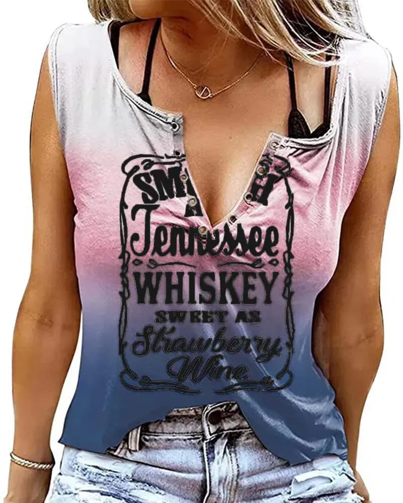 Smooth As Tennessee Whiskey Sweet As Strawberry Wine Print Eyelet Decor Casual Tank Top