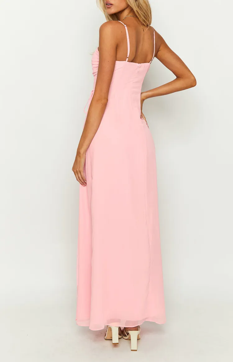 Pink Long Sleeve Sheer Maxi Dress