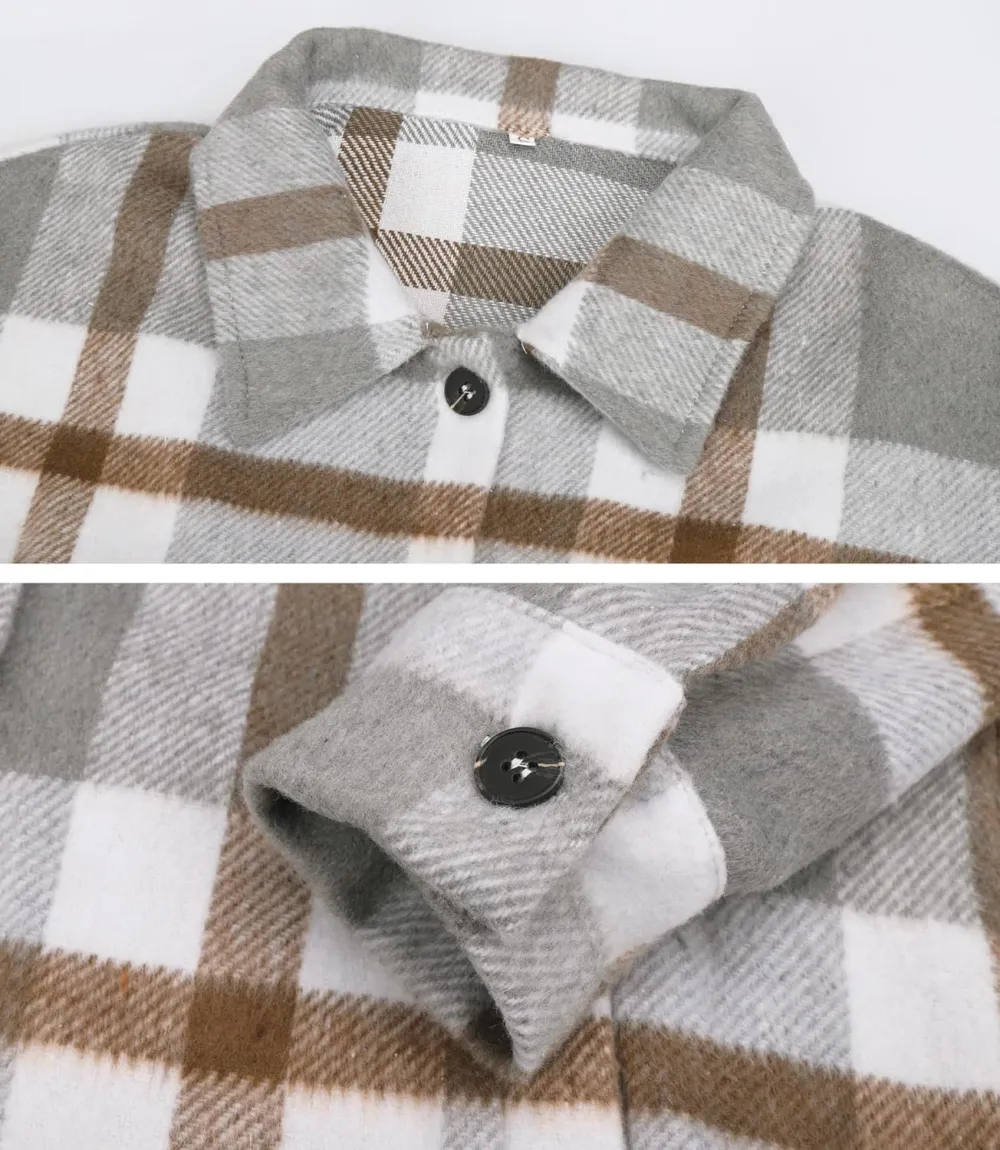 Women's Flannel Plaid Shacket Long Sleeve Button Down Chest Pocketed Shirts Jacket Coats
