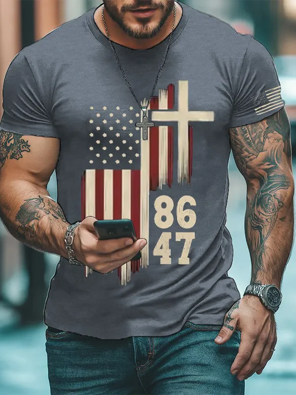 Men'S T-Shirt Men'S Retro 8647 Print Casual Round Neck T-Shirt