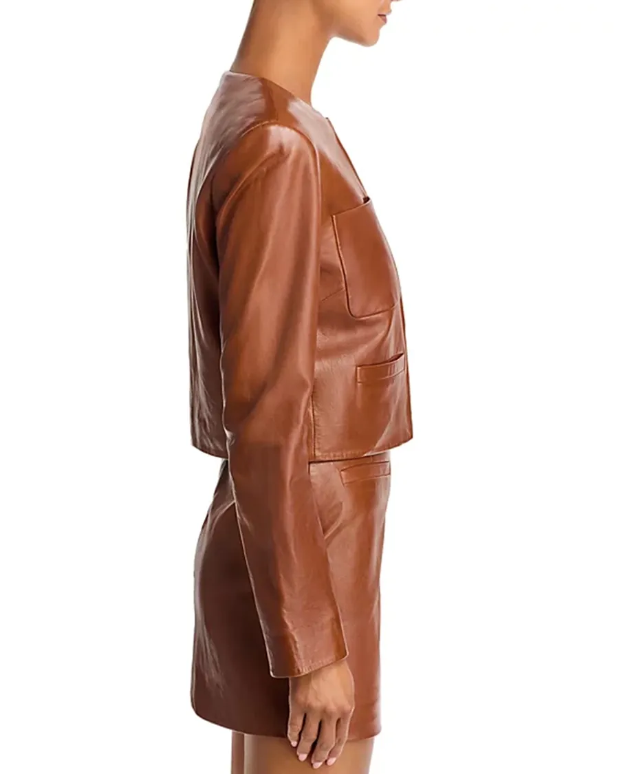 Long Sleeves Round Neck Leather Jacket