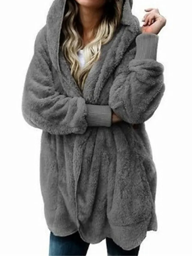 Women's Fleece Sherpa Jacket Teddy Bear Coat with Hood Open Front Winter Coat Fall Windproof Warm Comtemporary Stylish Plush Jacket Long Sleeve Plain with Pockets Oversize Lotus Black