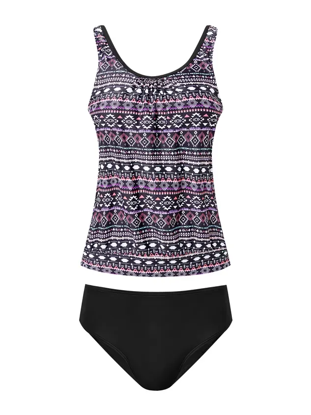 Vacation Ethnic Printing Scoop Neck Tankinis Two-Piece Set