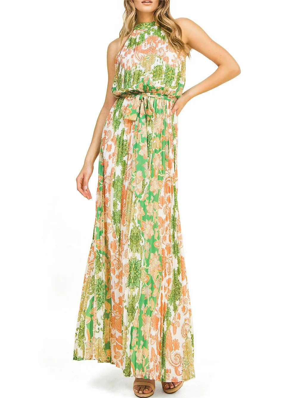 Green and Orange Pleated Maxi Dress