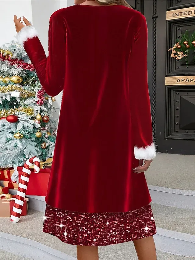 Women's Red Christmas Party Dress Velvet Dress Party Dress Sequin Dress Wine Long Sleeve Sequins Crew Neck Fashion Winter Dress