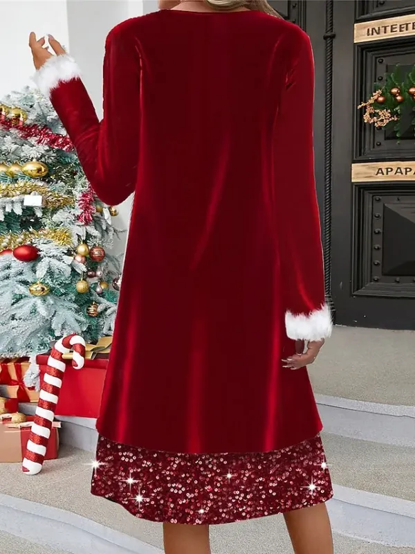 Women's Red Christmas Party Dress Velvet Dress Party Dress Sequin Dress Wine Long Sleeve Sequins Crew Neck Fashion Winter Dress