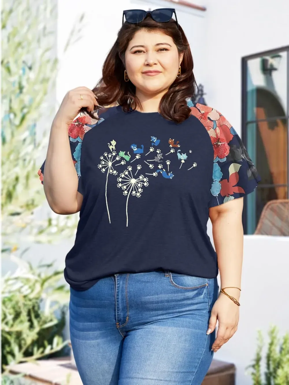 HDLTE Womens Plus Size Tops Floral Bell Sleeves Blouses Summer Crewneck Tunic Loose Casual T Shirts