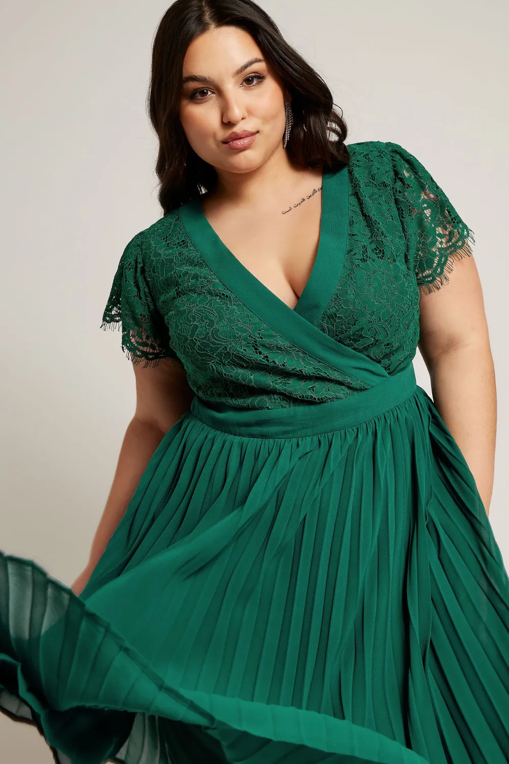 YOURS LONDON Curve Emerald Green Lace Wrap Midi Dress