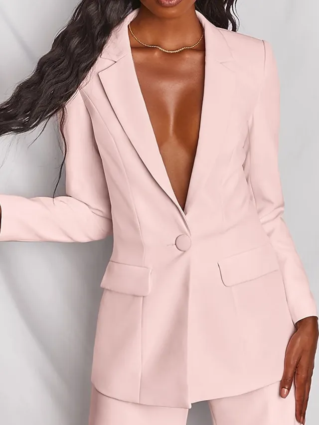 Women's Blazer Suits 2 Pcs Single Breasted Lapel Blazer & Pants Fall Fashion Party Outfit Business Formal Jacket Set Black Blue Pink