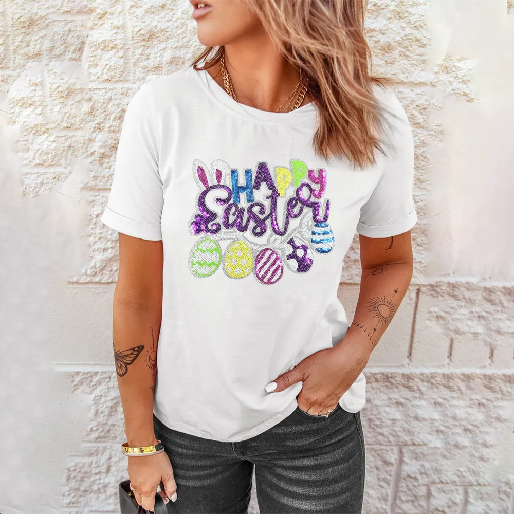T-shirt Happy Easter Women Printed Round Neck Short Sleeve