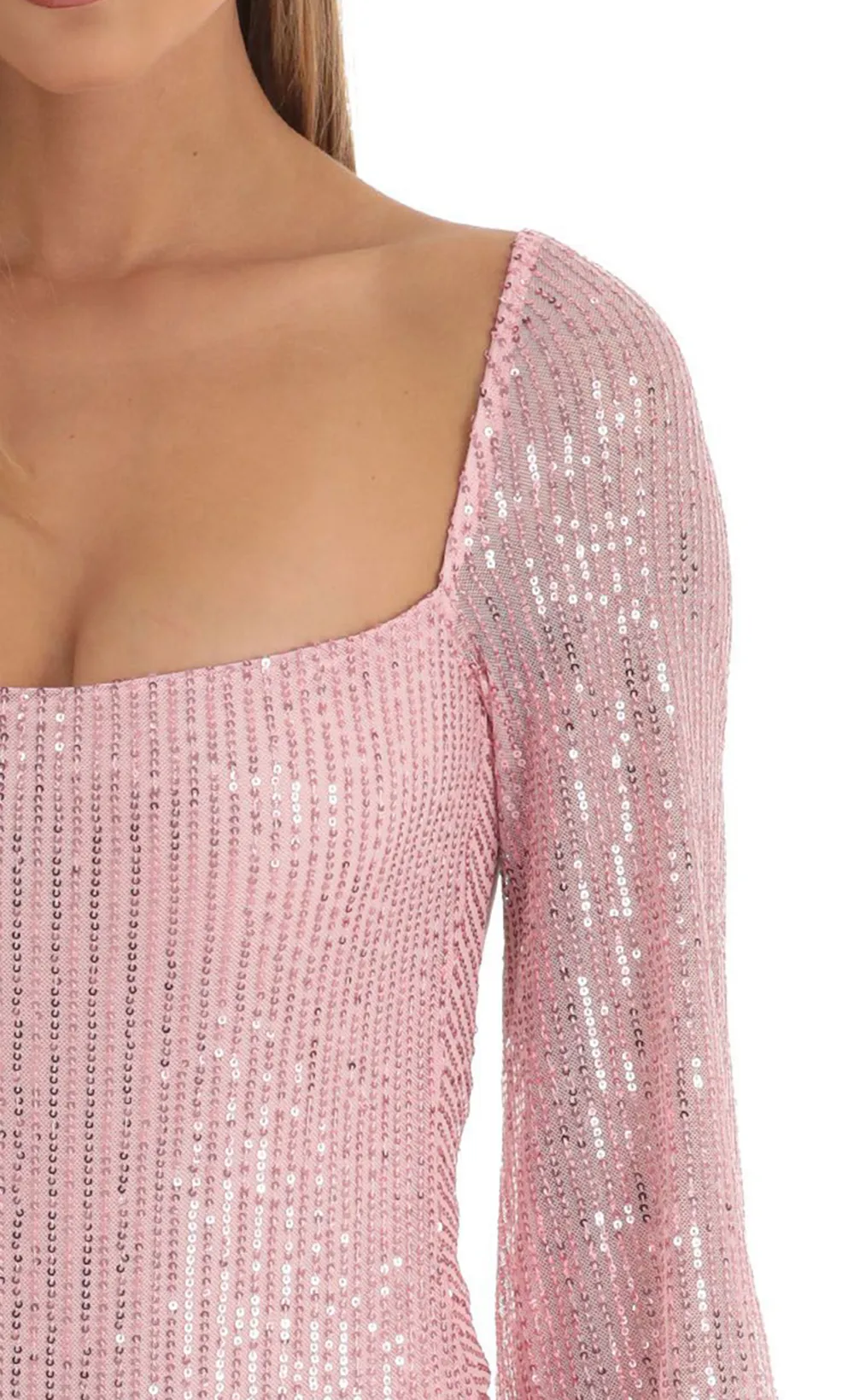 Amory Sequin Long Sleeve Bodysuit in Pink