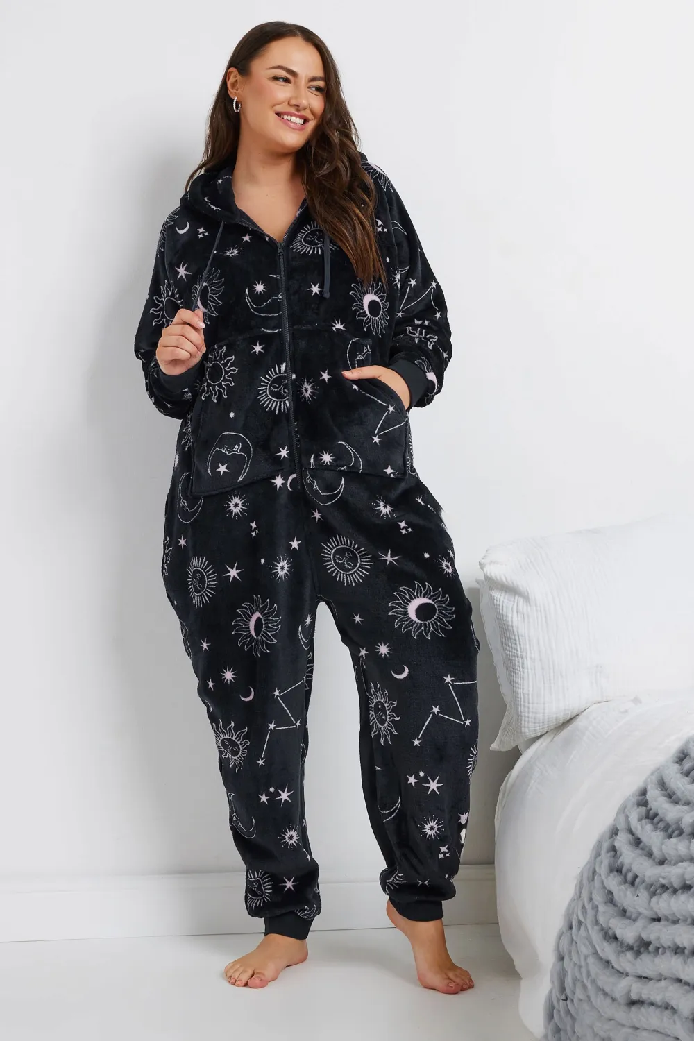 YOURS Curve Navy Blue Celestial Print Hooded Onesie