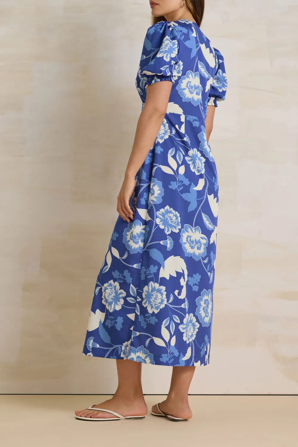 Blue Floral Puff Sleeve Casual Style Tea Dress