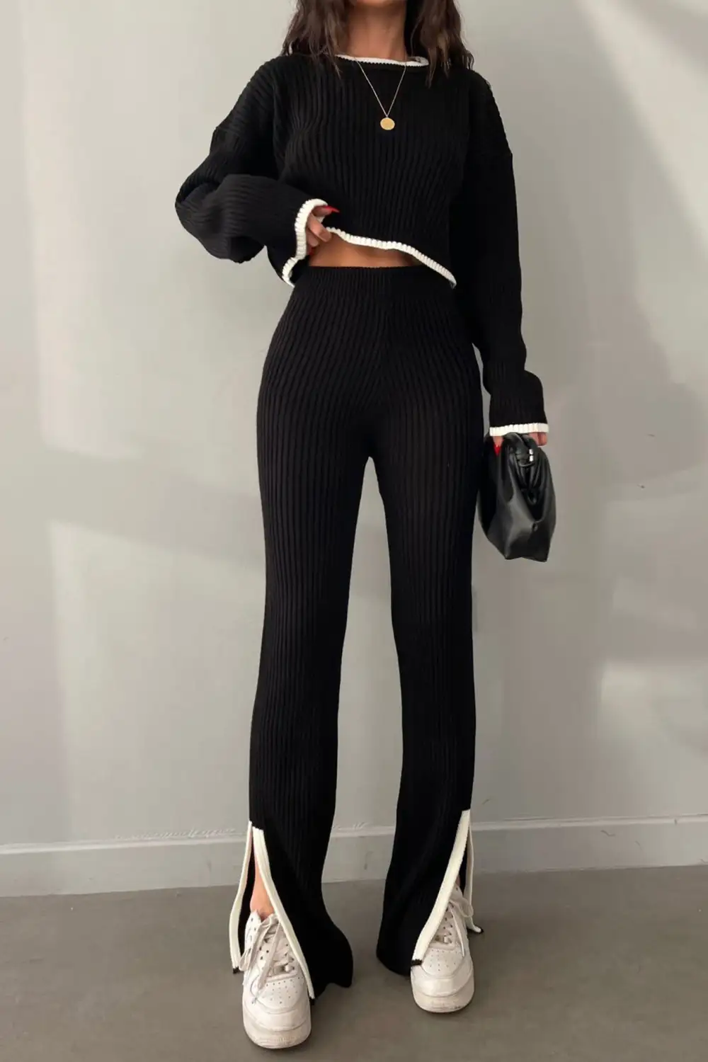 Contrast Ribbed Knit Crop Top Slit Long Pants Set