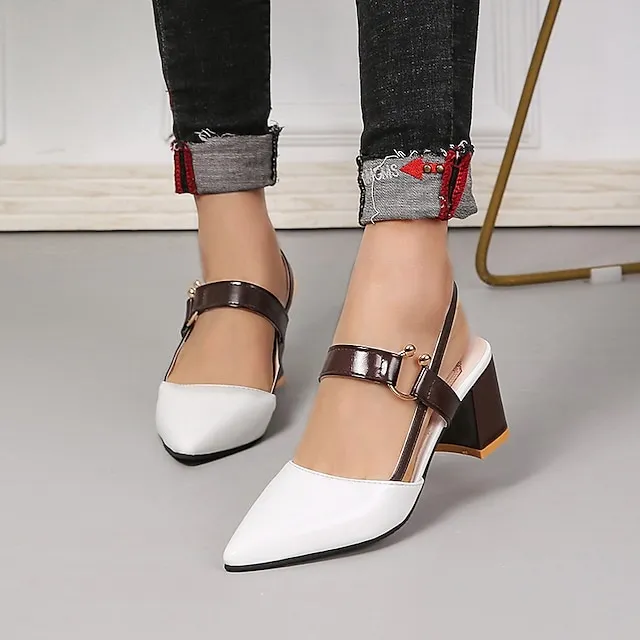 Women's Sandals Block Heel Sandals Ankle Strap Sandals Party Outdoor Daily Summer Block Heel Low Heel Chunky Heel Pointed Toe Sexy Classic Casual PU Leather Faux Leather Ankle Strap Color Block White