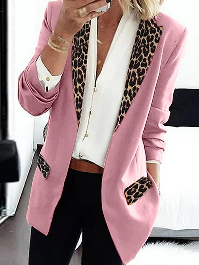 Women's Blazer Regular Print Coat Black Pink Wine Khaki Orange Casual Street Fall Open Front Turndown Regular Fit S M L XL XXL 3XL / Daily / Warm / Leopard