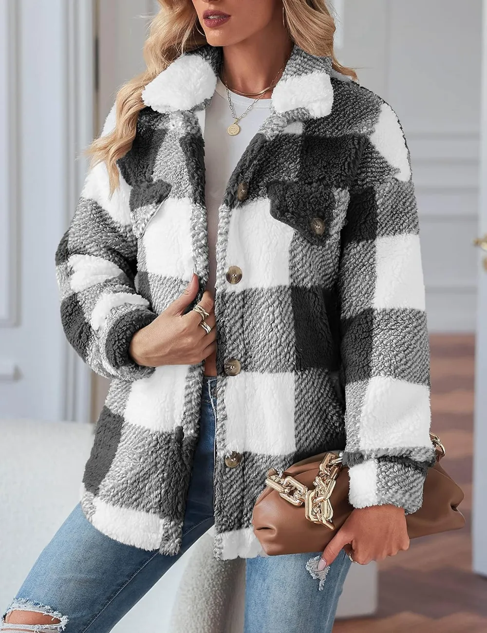 Women's Fleece Plaid Jacket Coats Button Down Lapel Sherpa Shacket Outwear with Pockets