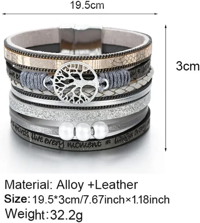 Fesciory Leather Wrap Bracelets for Women, Boho Leopard Multi-Layer Crystal Beads Cuff Bracelet Jewelry