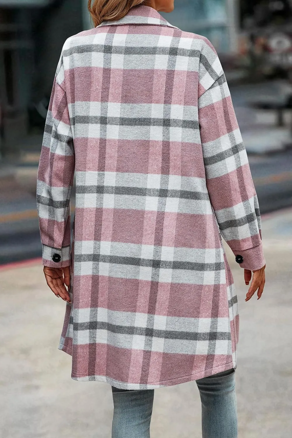 Women's Plaid Shacket 2023 Long Sleeve Button Up Flannel Shirt Winter Tartan Jacket Woolen Coats