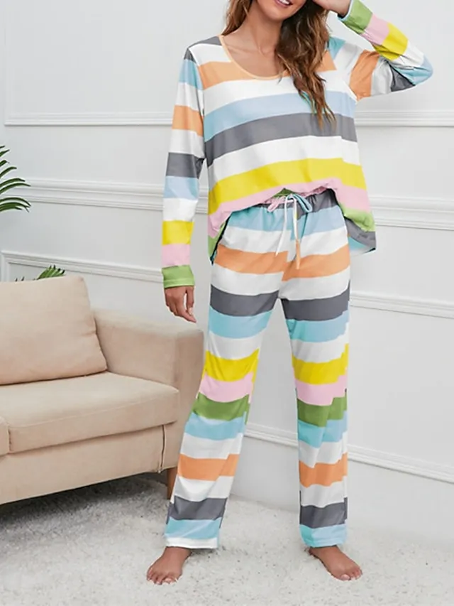 Women's Pajamas Nighty Pjs Sets 2 Pieces Rainbow Stripe Fashion Comfort Soft Home Daily Bed Cotton Breathable V Wire Long Sleeve T shirt Tee Pant Spring Fall Yellow Blue