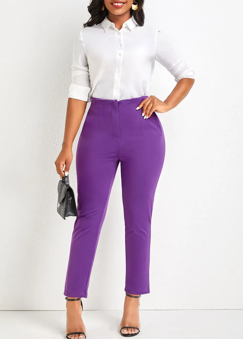 Purple Pocket Skinny Zipper Fly High Waisted Pants