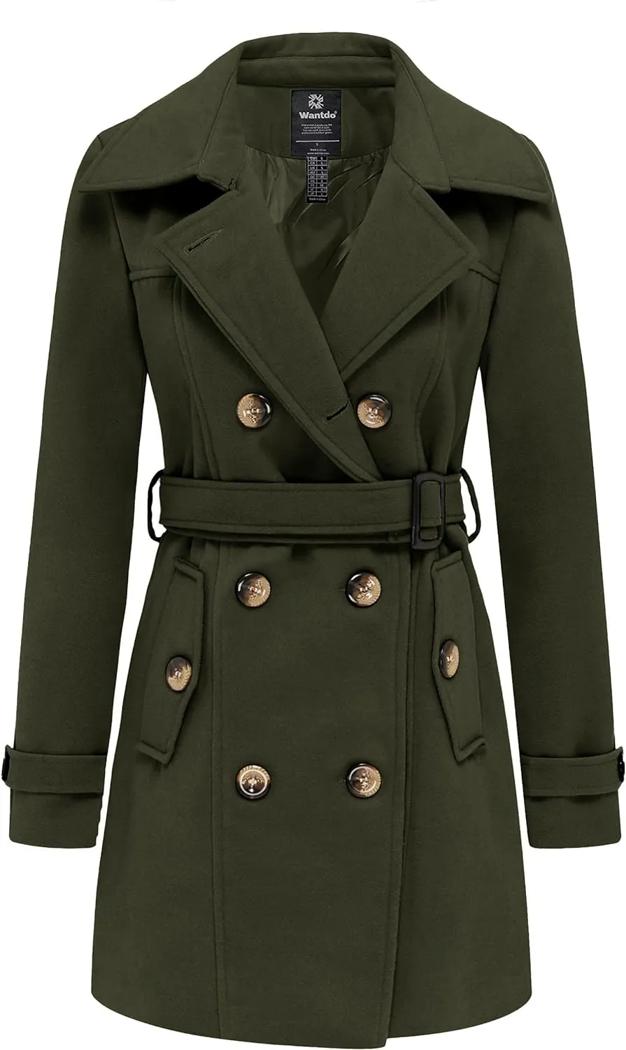 Women's Double Breasted Pea Coat Winter Mid-Long Trench Coat with Belt