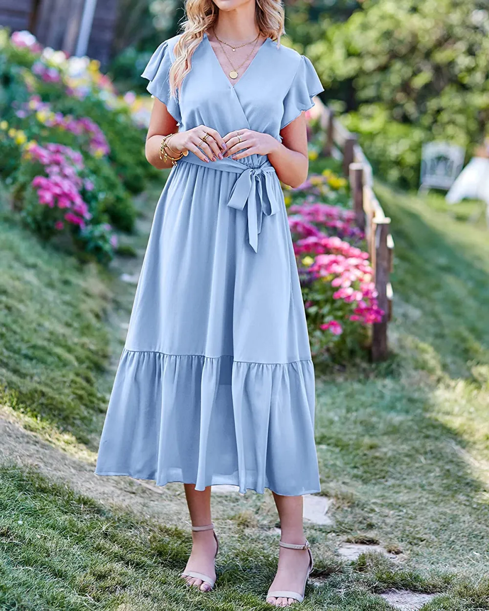 Women Summer Bohemian Floral Casual Wrap V Neck Ruffle Cap Sleeveless Belt A-Line Pleated Hem Swing Midi Sun Dress
