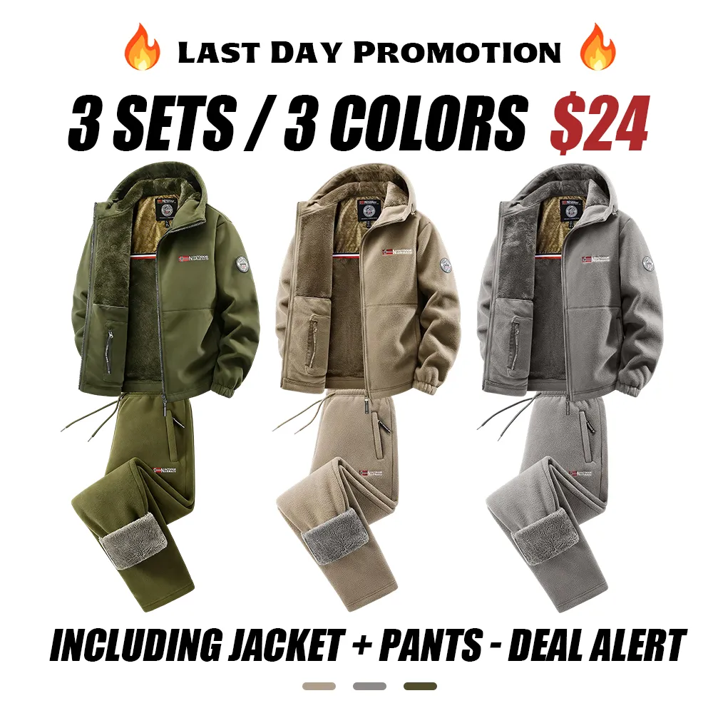 Men'S Outdoor Heavyweight Fleece Jacket&Men's Winter Outdoor Sports Fleece Pants-2 price set - Double-Sided Warm Hooded Coat With Full Zip, Multi Pockets & Machine Washable Polyester For Camping Hiking Casual Wear