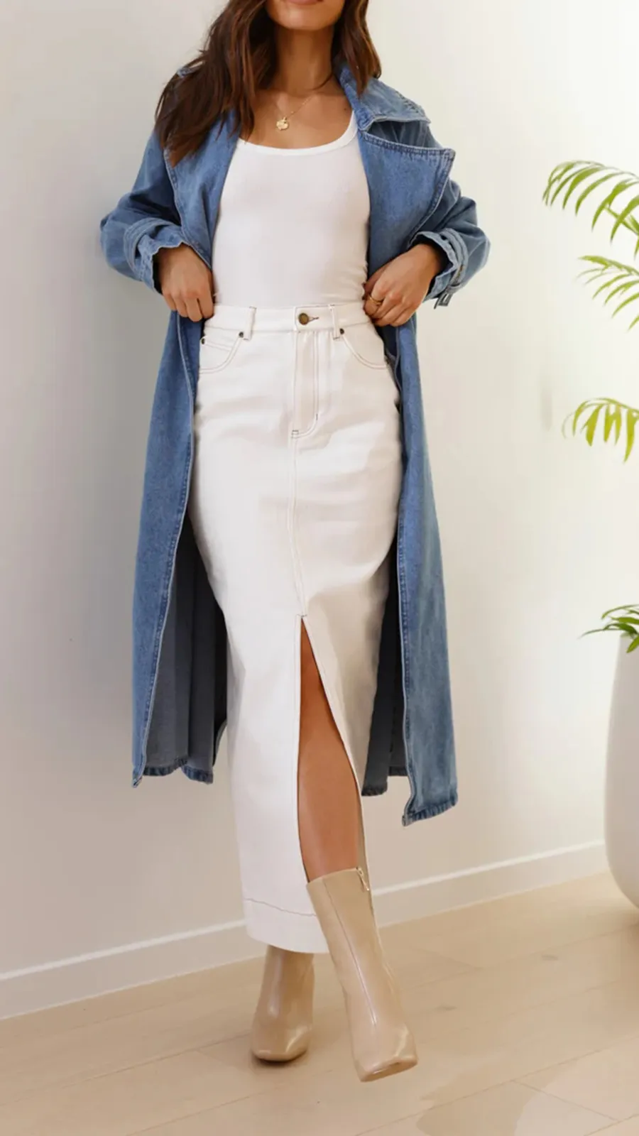 Long Denim Lapel Jacket