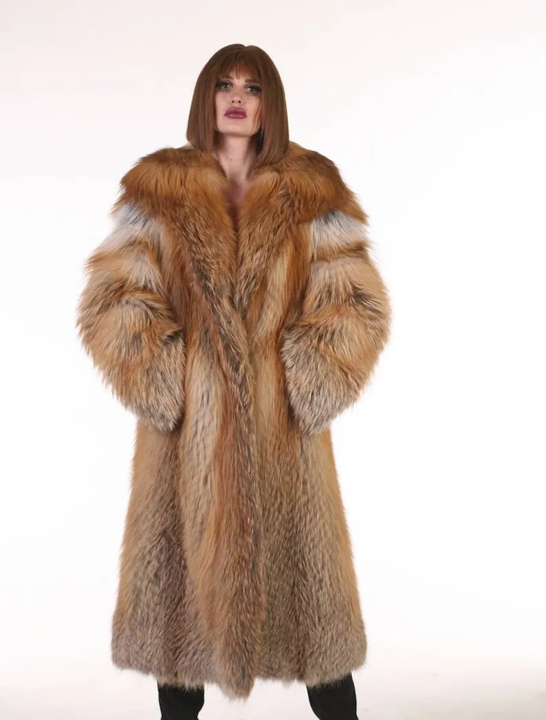 Full Length Red Fox Fur Coat Hooded