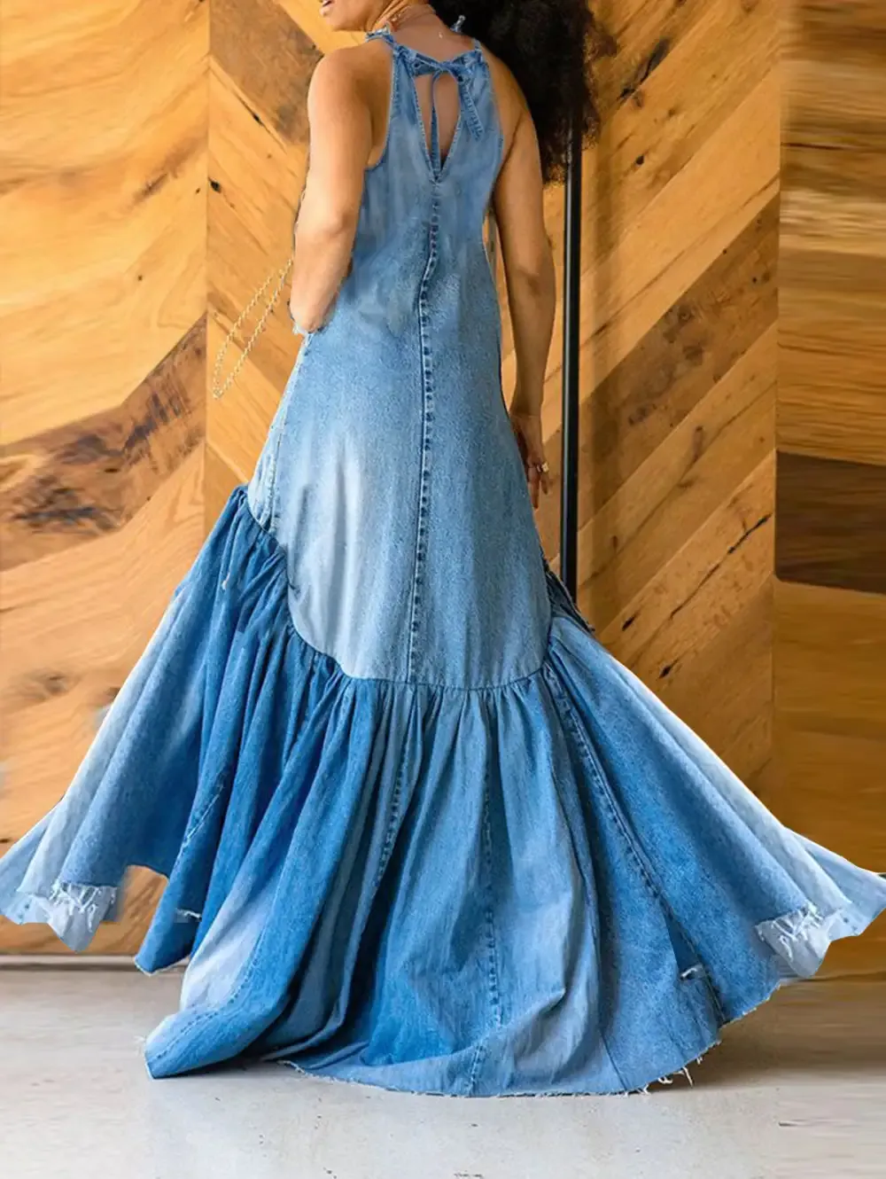 Ursime Fashion Ripped Denim Spliced Pleated Bow Maxi Halter Dress