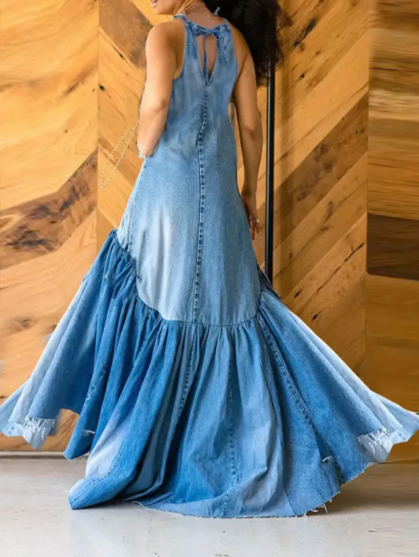 Ursime Fashion Ripped Denim Spliced Pleated Bow Maxi Halter Dress