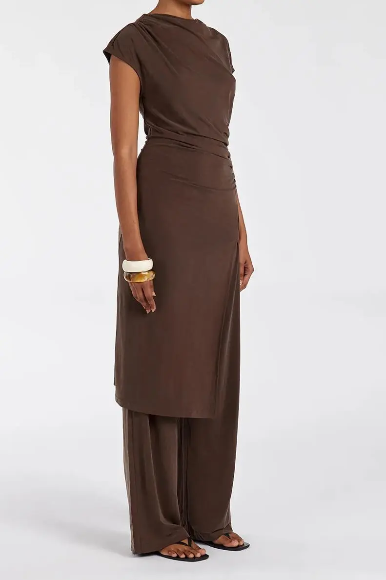 BITTER CHOC DRAPED TUNIC TOP