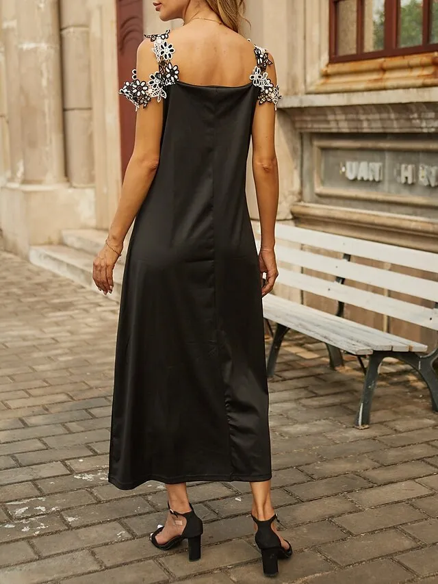 Women's Casual Dress Black Dress A Line Dress Long Dress Maxi Dress Polyester Fashion Casual Outdoor Daily Going out Strap Lace Patchwork Sleeveless Summer Spring 2023 Regular Fit Black White Green
