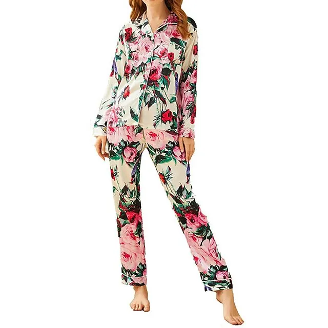 Women's Pajamas Sets Pjs 2 Pieces Leopard Stripe Fashion Simple Comfort Home Daily Vacation Satin Breathable Gift Lapel Long Sleeve Pant Button Elastic Waist Fall Spring Light Pink Black