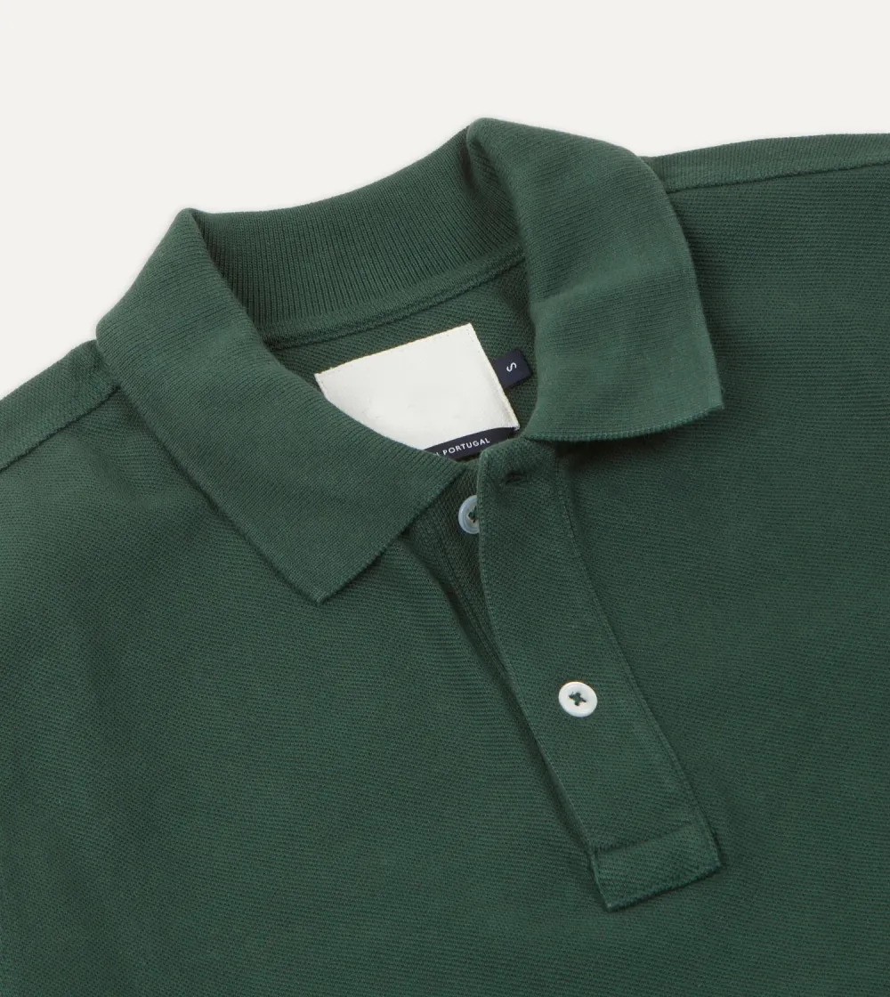 Green Pique Cotton Long-Sleeve Polo Shirt Plain