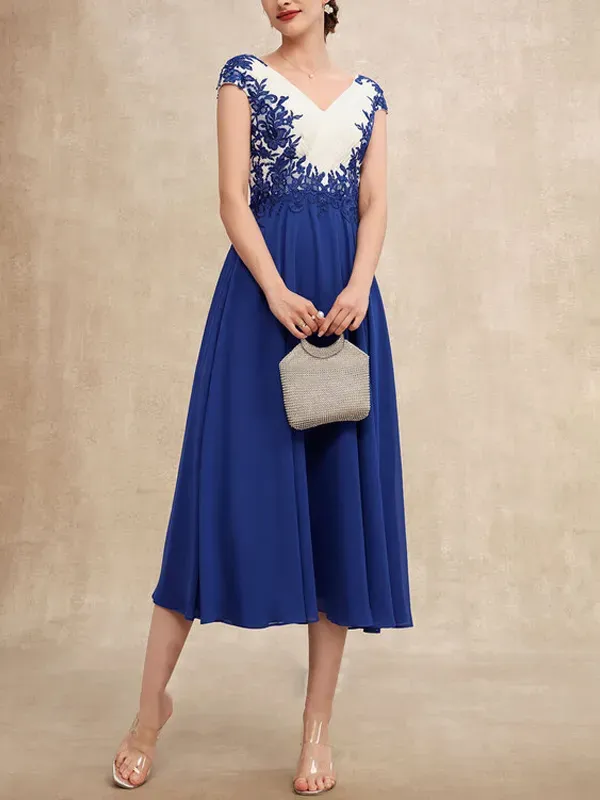 V Neck Chiffon Lace Midi Dress