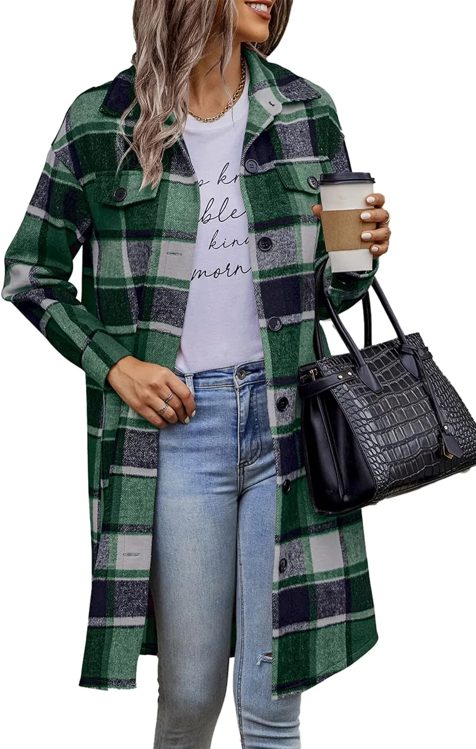 Women's Plaid Shacket 2023 Long Sleeve Button Up Flannel Shirt Winter Tartan Jacket Woolen Coats