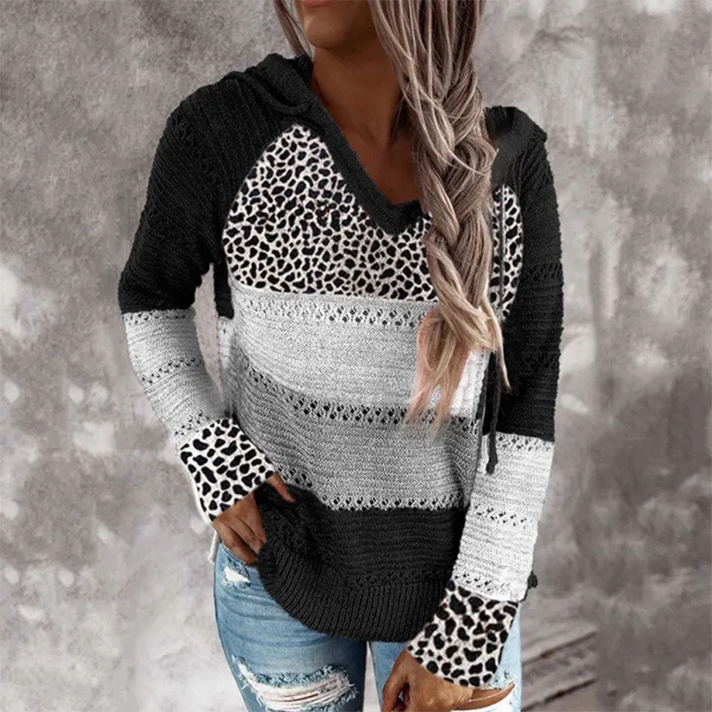Striped & Leopard Patchwork V-Neck Hooded Sweater