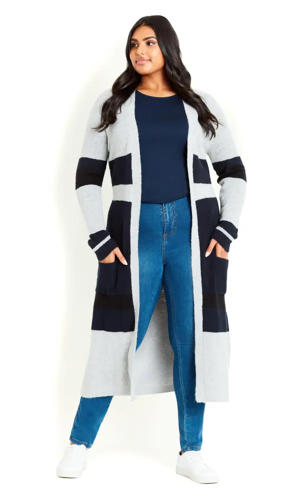 Evans Grey & Navy Blue Colour Block Maxi Cardigan