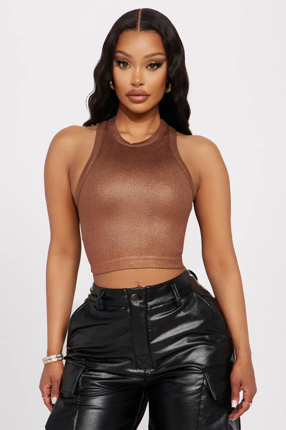Makena Metallic Seamless Top - Brown