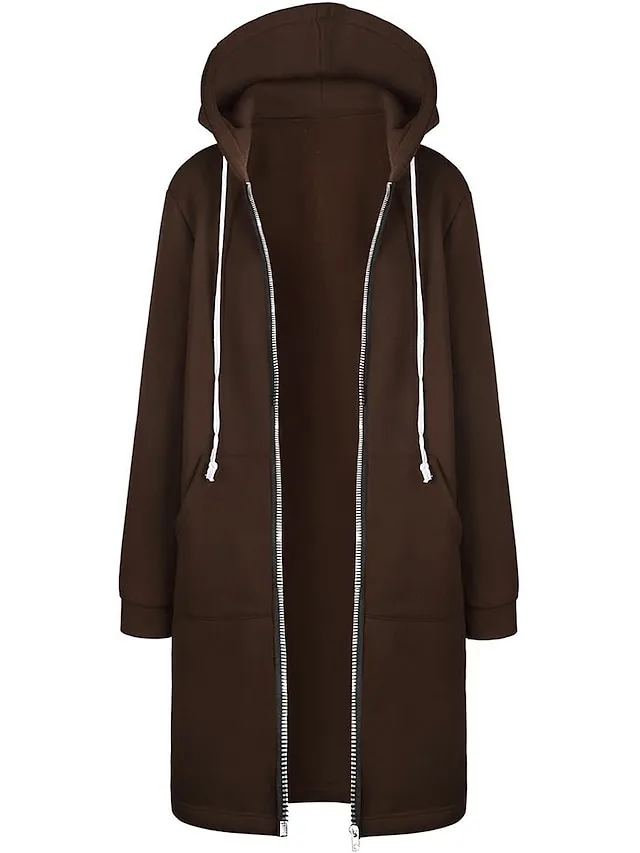 Women's Casual Jacket Fall Windproof Hoodie Jacket with Pockets Casual Workout Regular Long Coat Warm Stylish Long Sleeve Plain Black Pink Wine Sport Street
