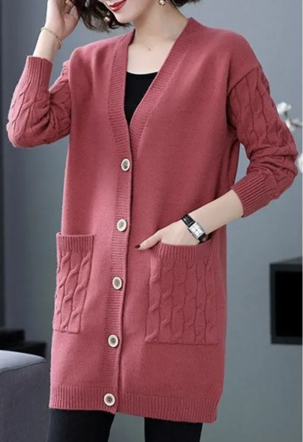 Plain Long Sleeve Casual Buckle Pockets Cardigan