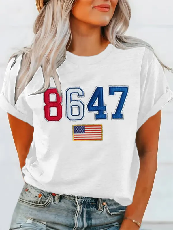 Women'S T-Shirt Women'S Retro 8647 Flag Waffle Fabric Round Neck T-Shirt