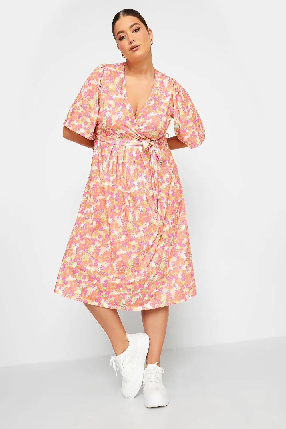 YOURS Curve Orange Floral Print Wrap Midi Dress
