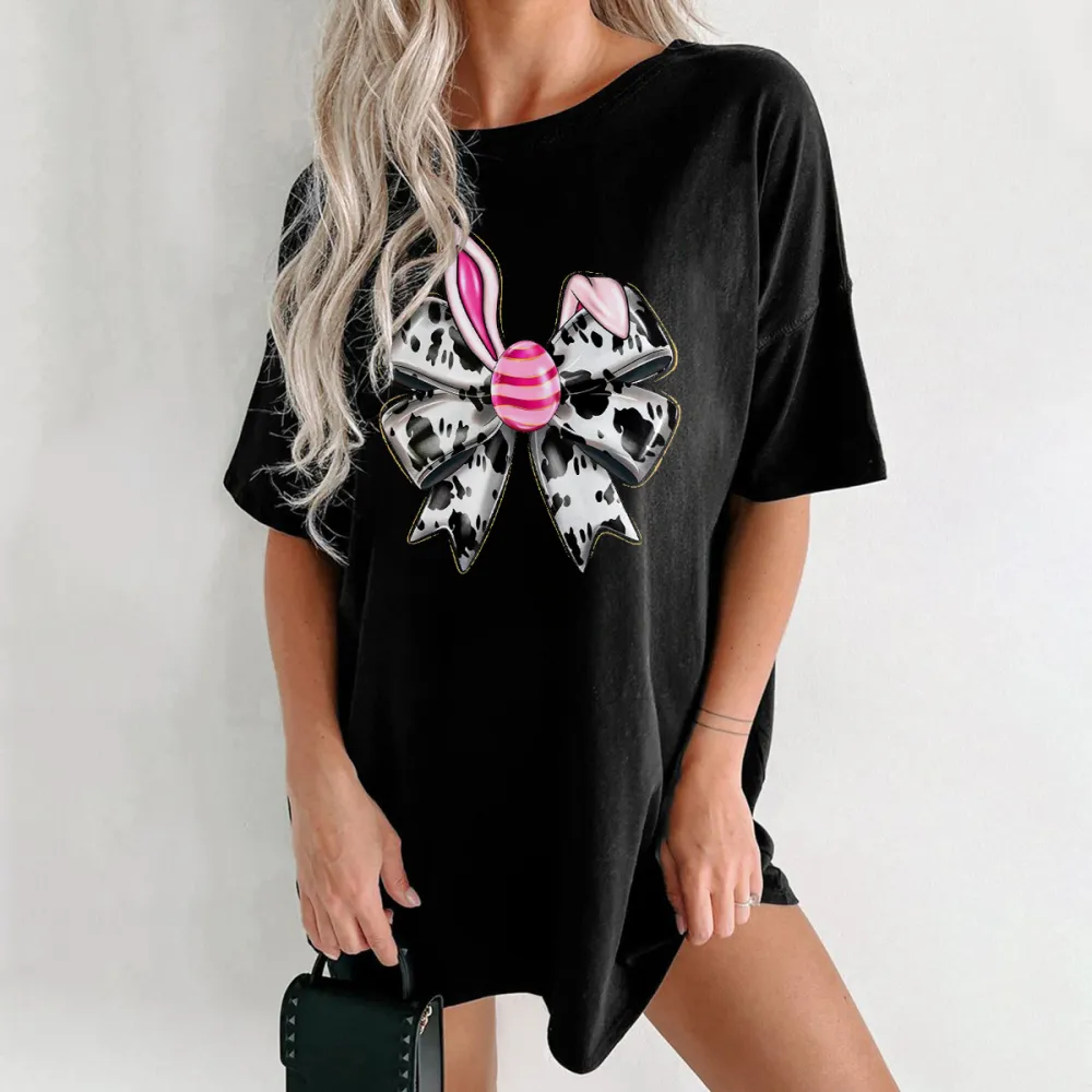 A Bow Pattern With Rabbit Ears, The Bow Is Black And White Stripes, And The Pink And White Striped Easter Egg Is Fashionable And Cute, Casual T-Shirt