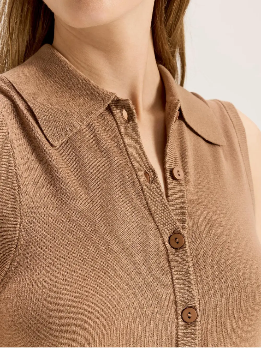 Light Brown Sleeveless Knit Polo Top
