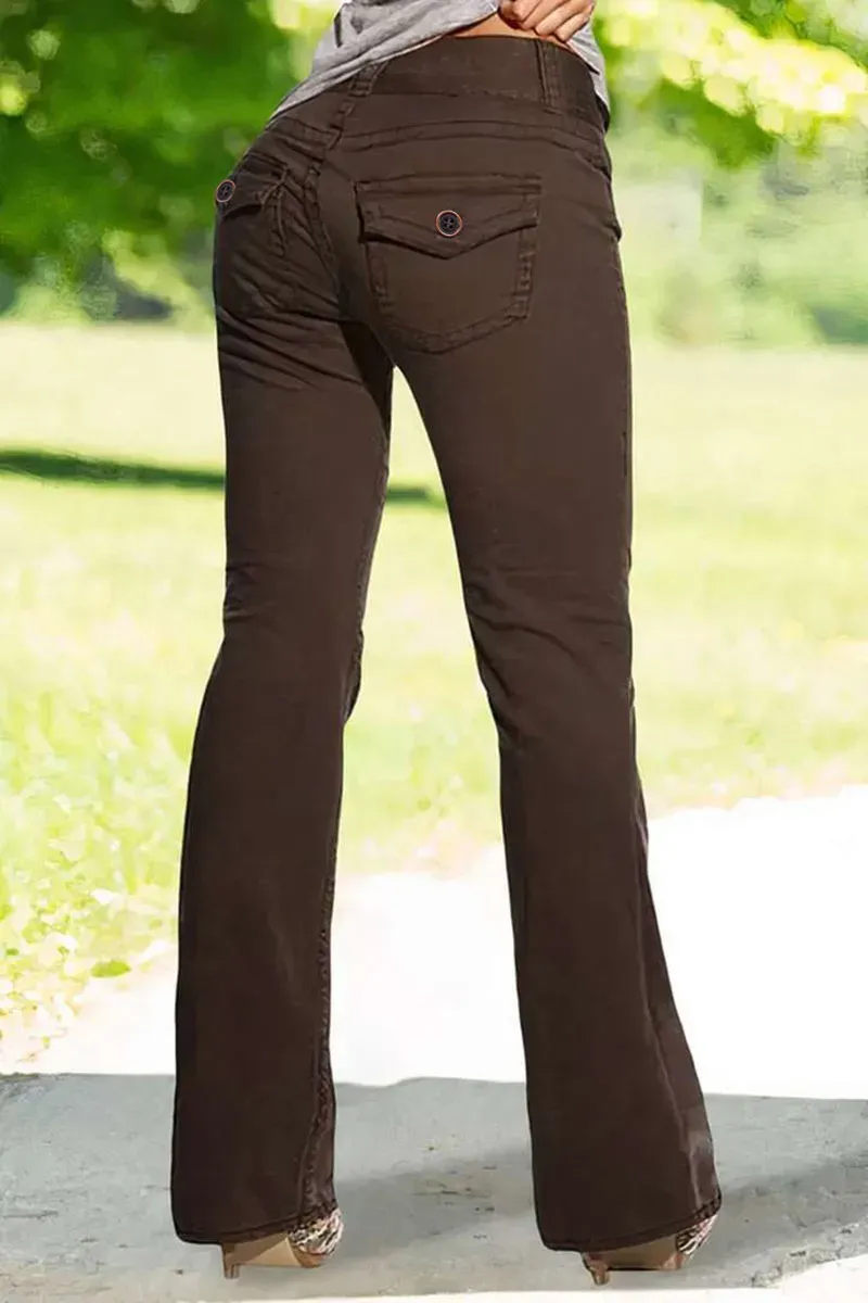Solid Flap Pocket Button Detail Mid Rise Flare Pants