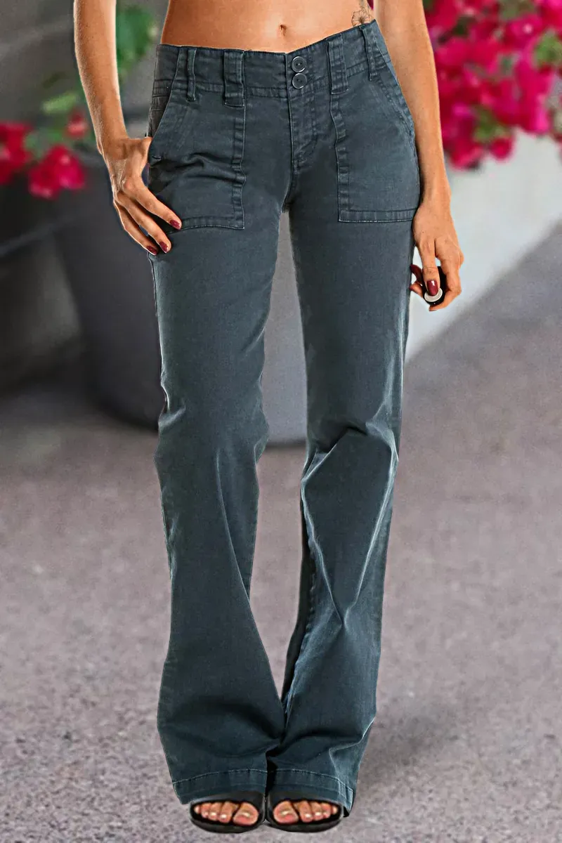 Double Button Mid Waist Straight Leg Pants