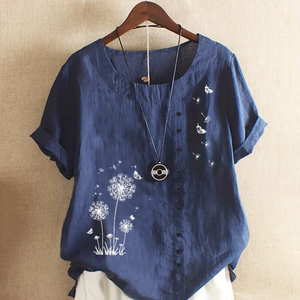 Women's Plus Dandelion Print Tee, Short Sleeve, Casual, Round Neck, Plus Size